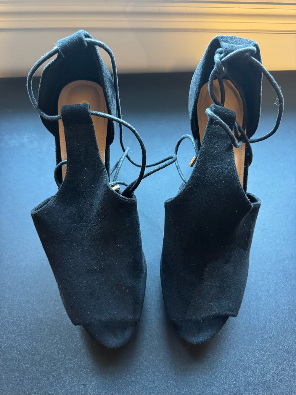 Black Suede Lace-Up Open-Toe Heels
